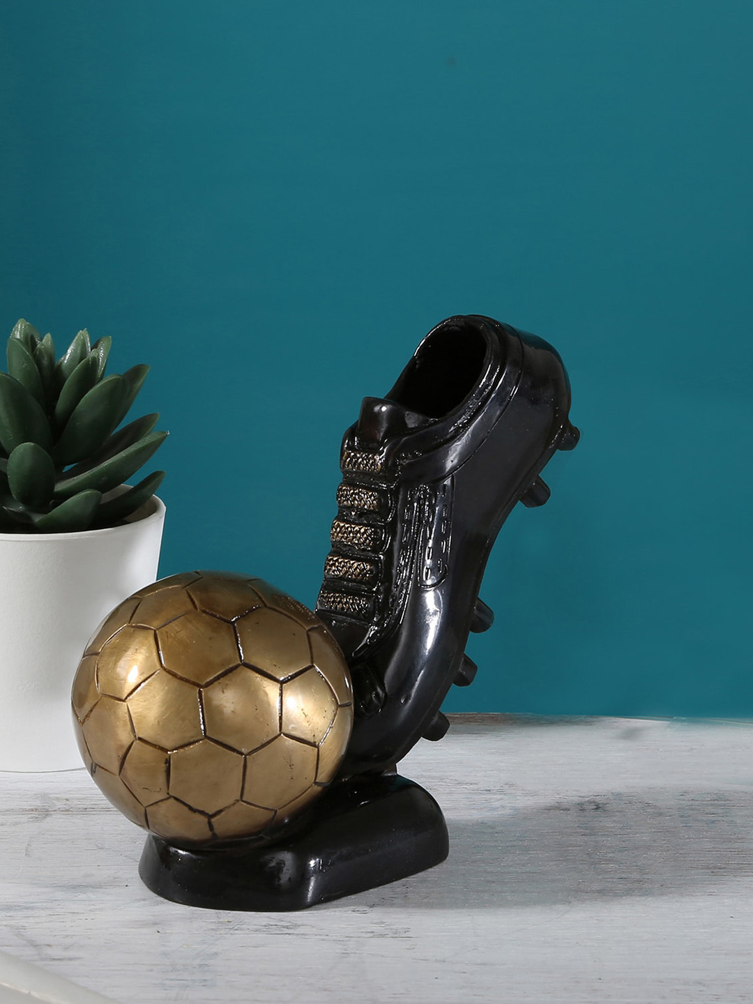 Two Moustaches Soccer Ball and Shoe Black Brass Metallic Living Room Medium Showpiece - 5.9 Inches