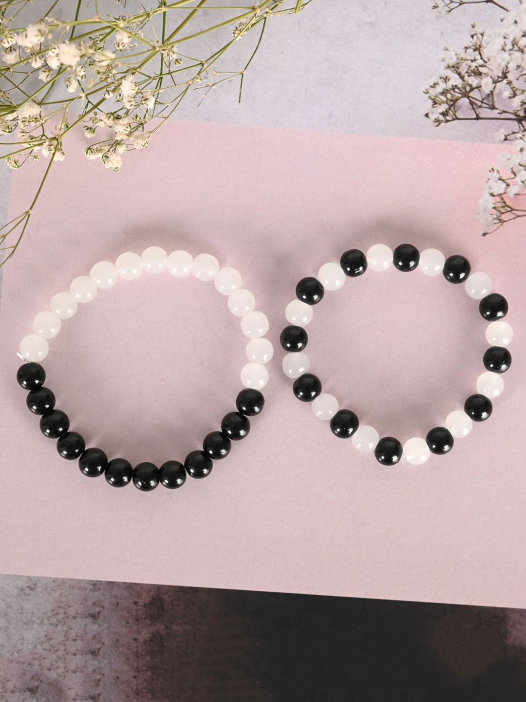 NVR Unisex Set Of 2 Marble Crystal Beaded Elasticated Bracelet