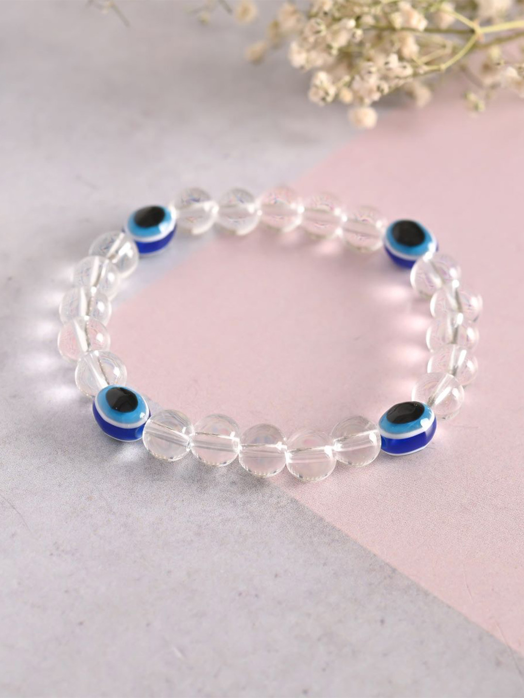 NVR Unisex Evil Eye Transparent Beaded Elasticated Bracelet