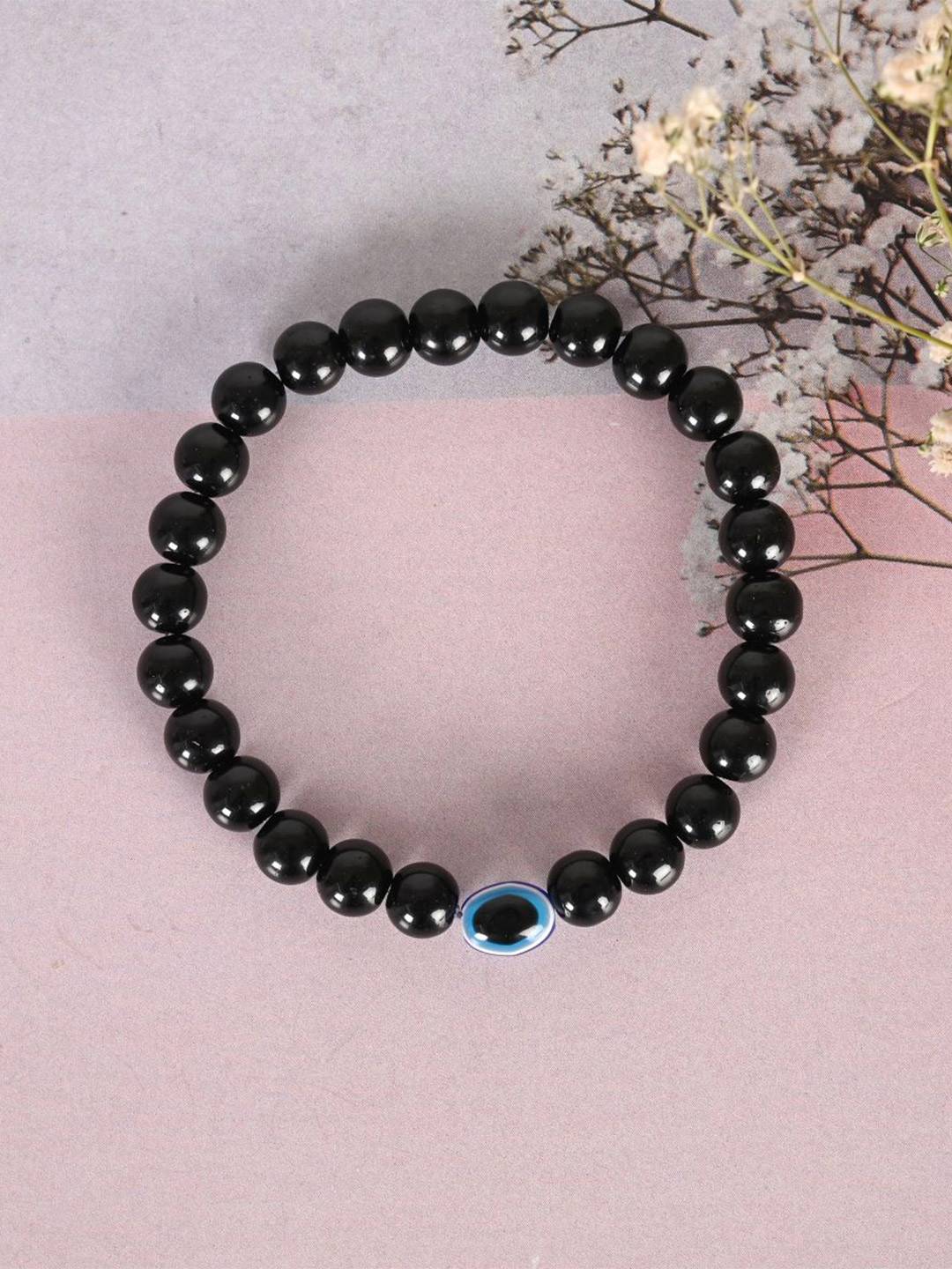 NVR Unisex Black Evil Eye Marble Crystal Beaded Elasticated Bracelet