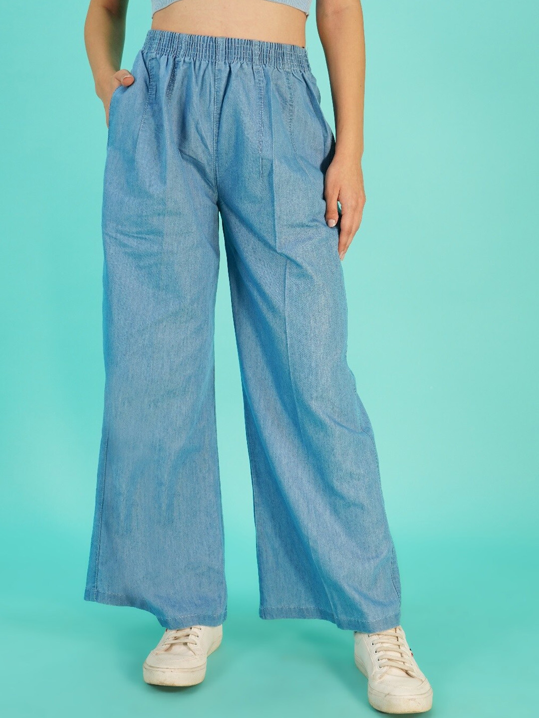 Denim wide leg palazzo pants best sale