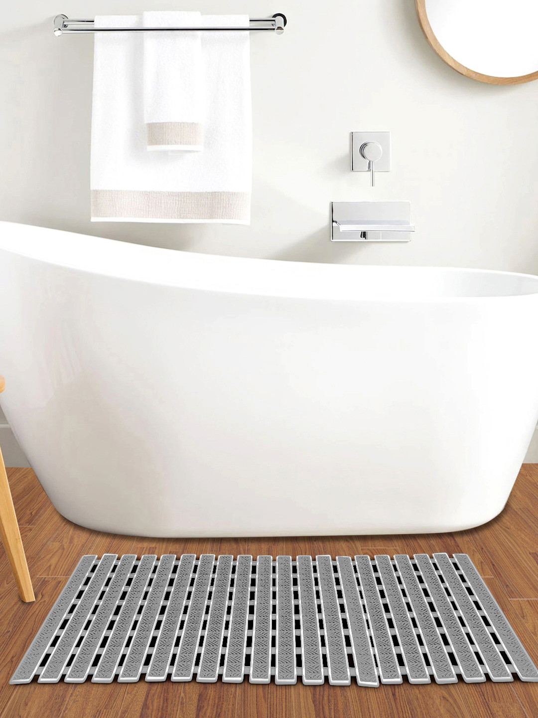 FABINALIV Grey & Black Striped Anti-Skid With Suction Cups Rubber Bath Rugs