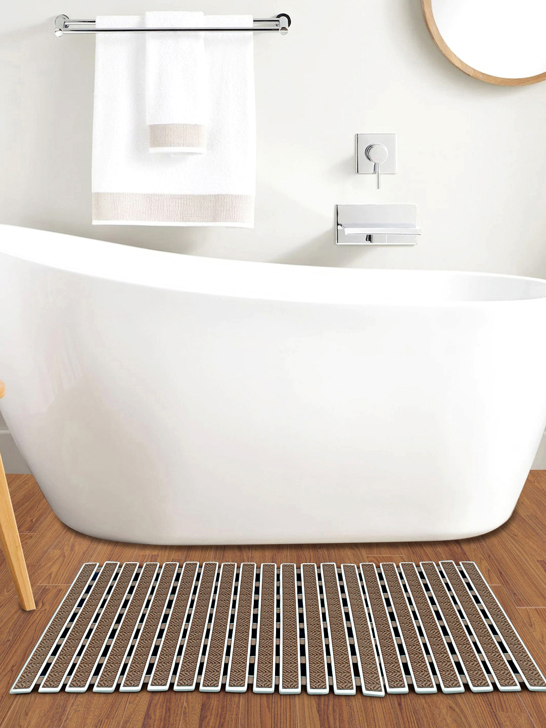 FABINALIV Brown Striped Anti-Skid Rubber Shower Mat with Suction Cups