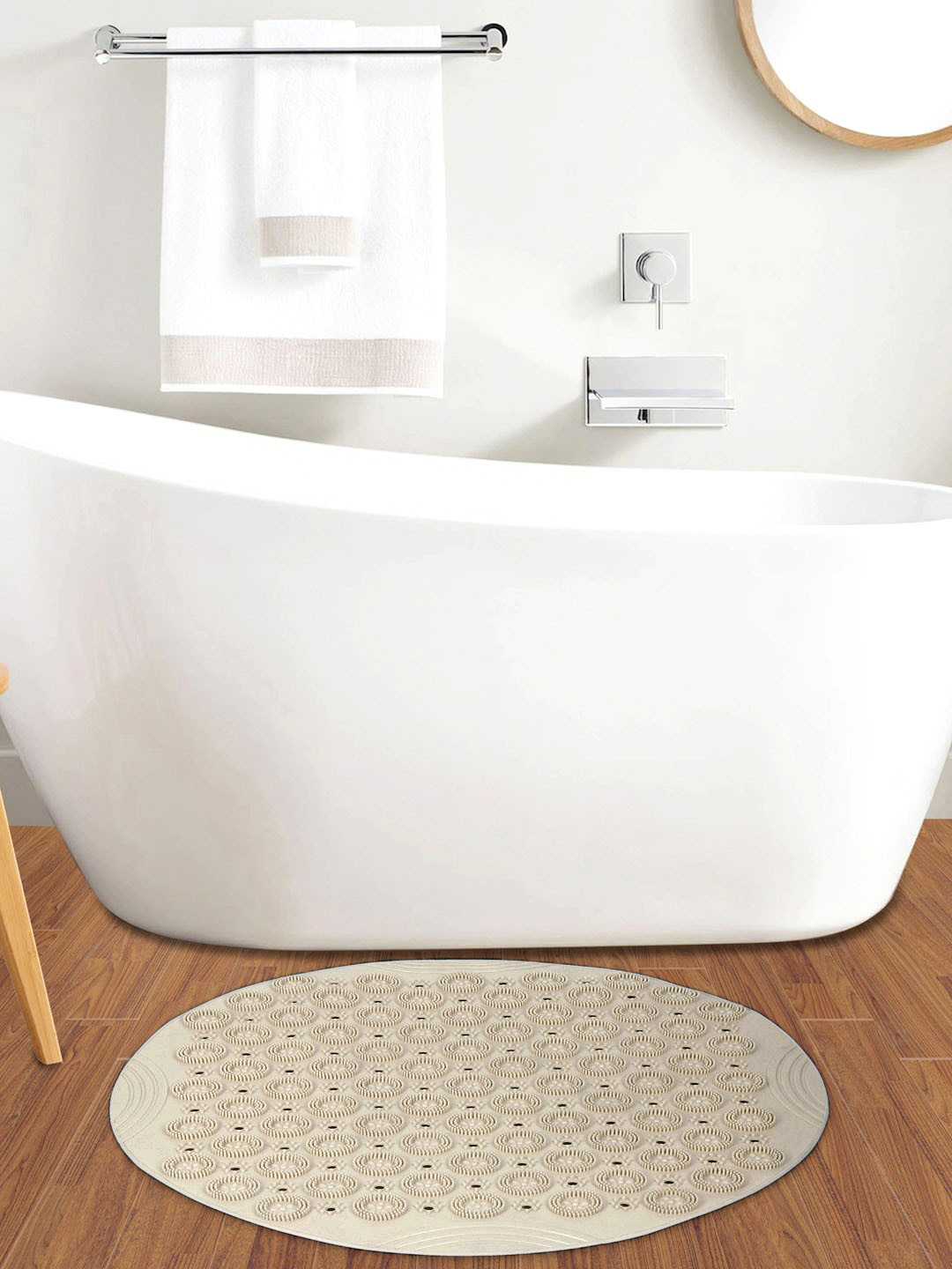 FABINALIV Beige Geometric Anti-Skid Rubber Shower Mat with Suction Cups