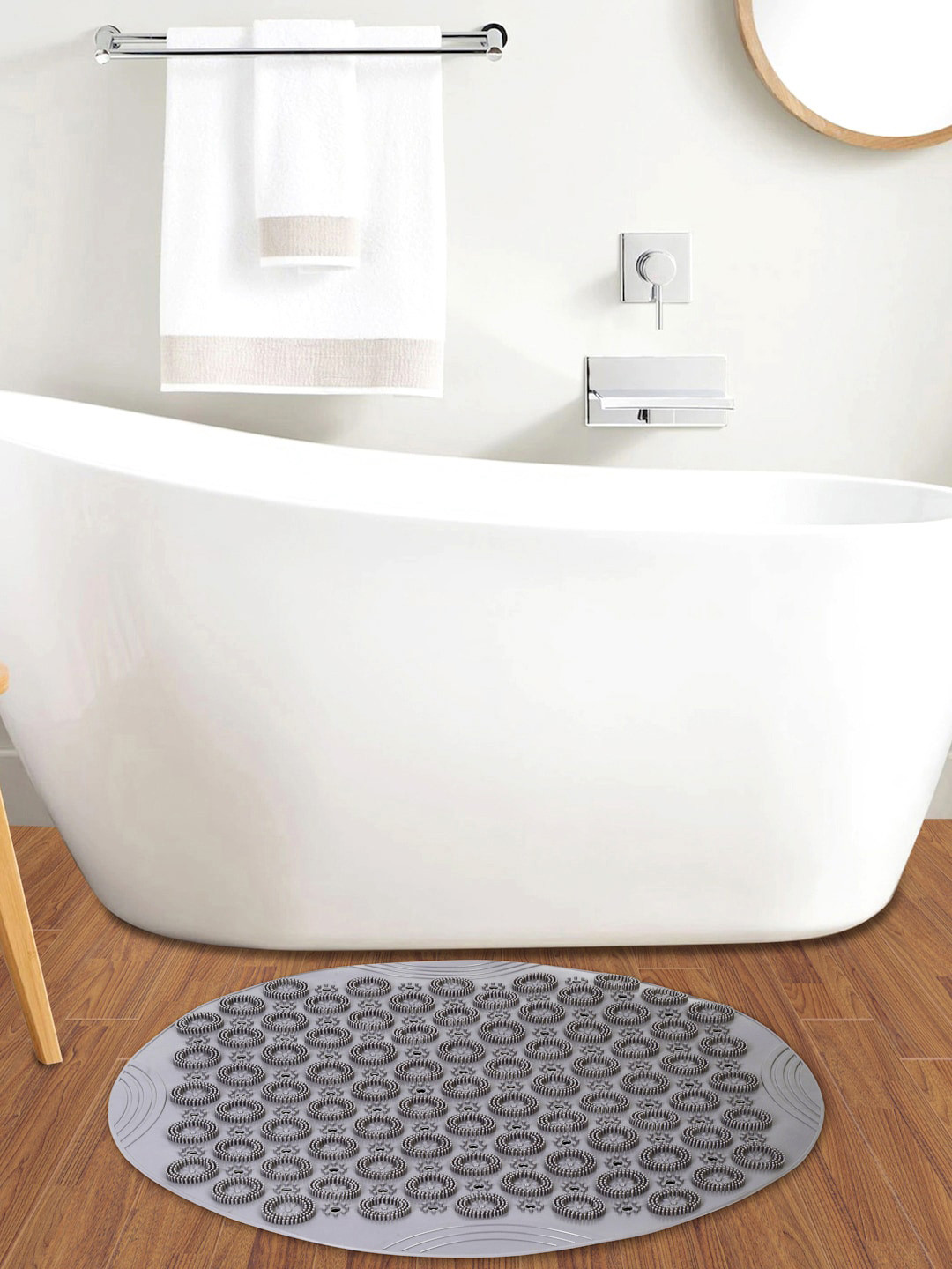 FABINALIV Grey Geometric Anti-Skid Rubber Shower Mat with Suction Cups