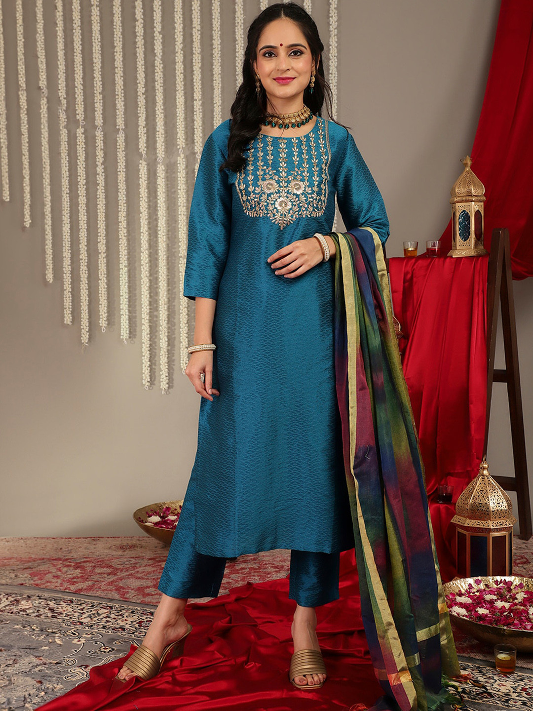 Varanga Women Teal Zari Embroidered Yoke Kurta with Trouser & dupatta