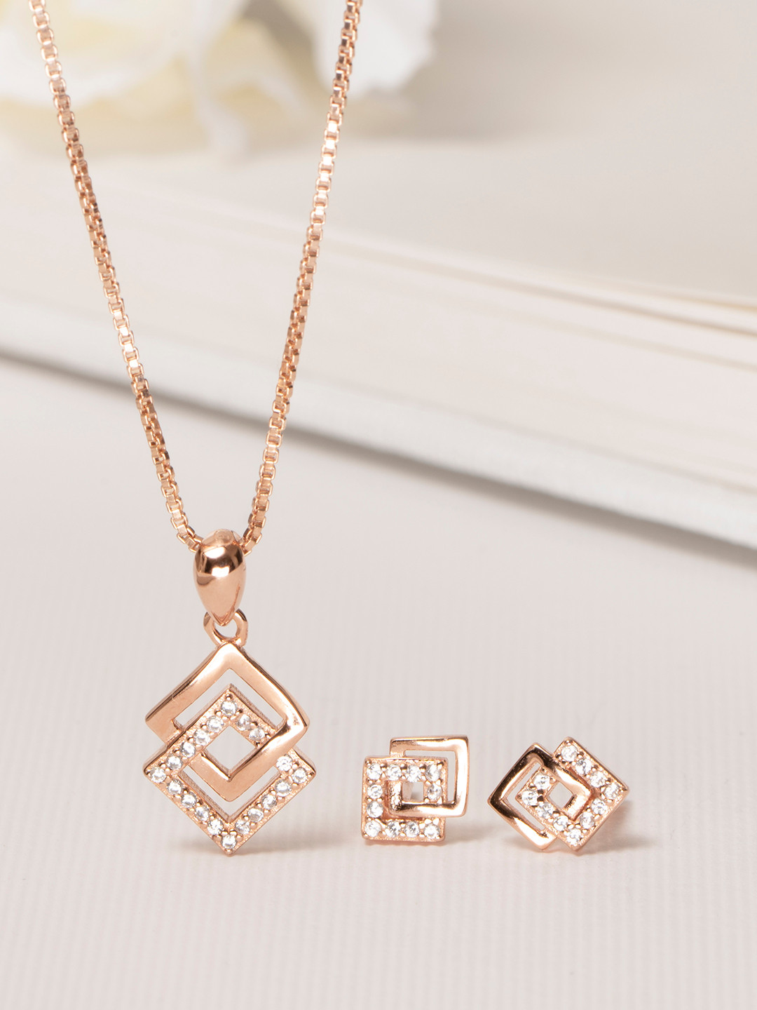 Zavya Women Rose Gold-Plated CZ Studded Sterling Silver Necklace with Earrings