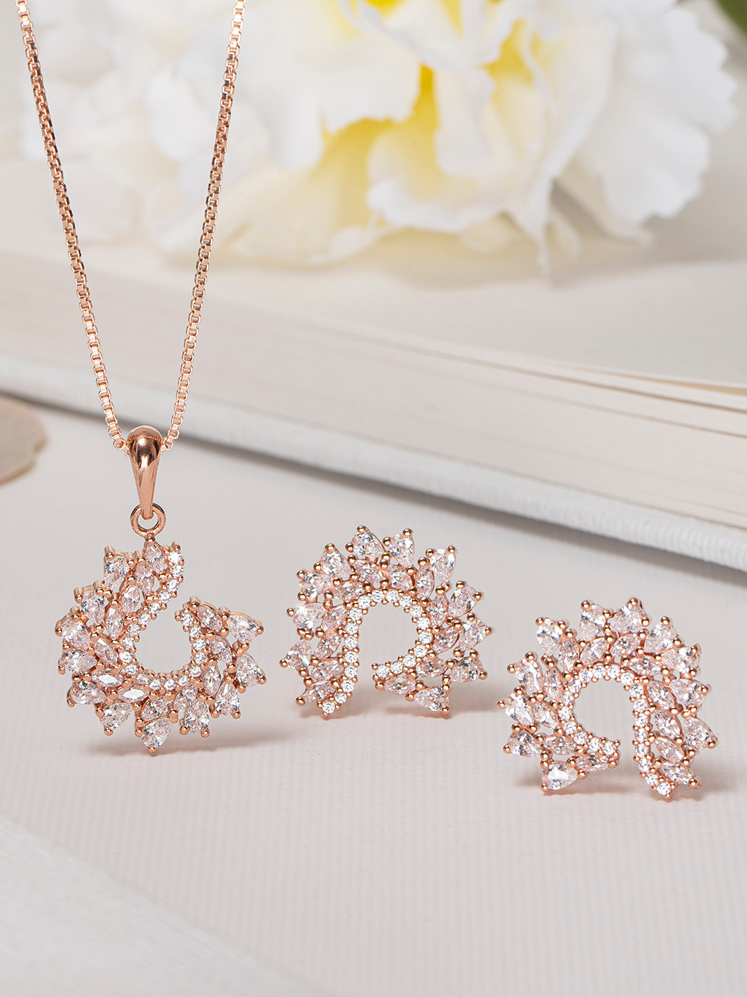 Zavya Women Rose Gold-Plated CZ Studded Sterling Silver Necklace with Earrings