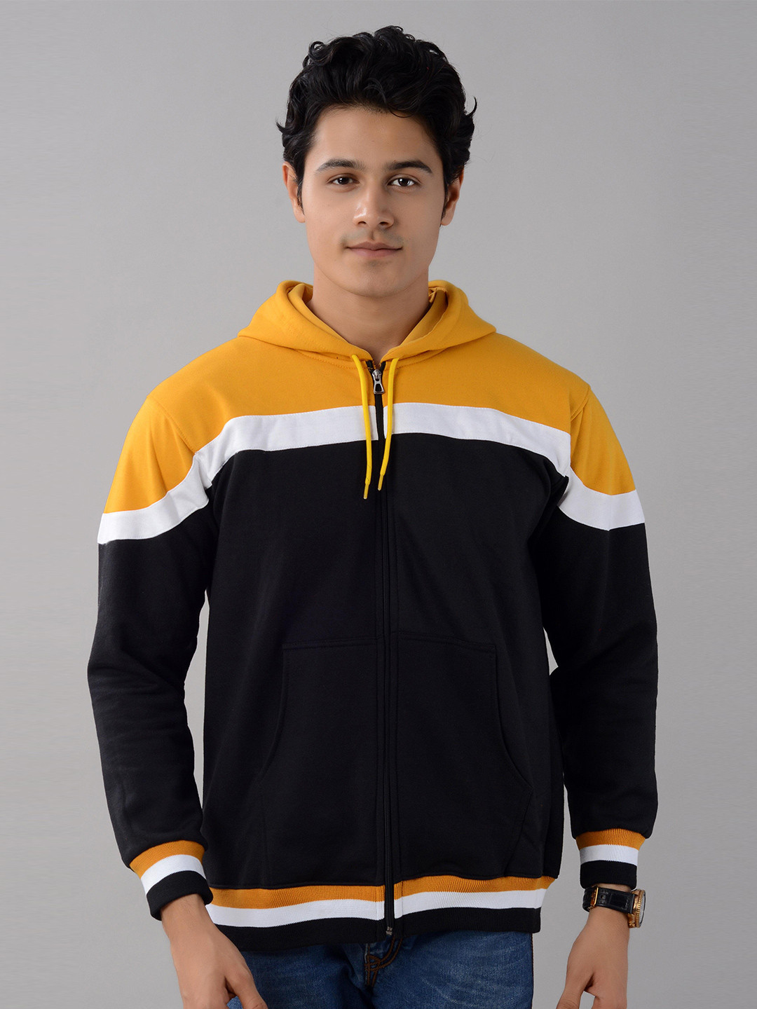 VILLAIN Colourblocked Hooded Fleece Front Open Sweatshirt