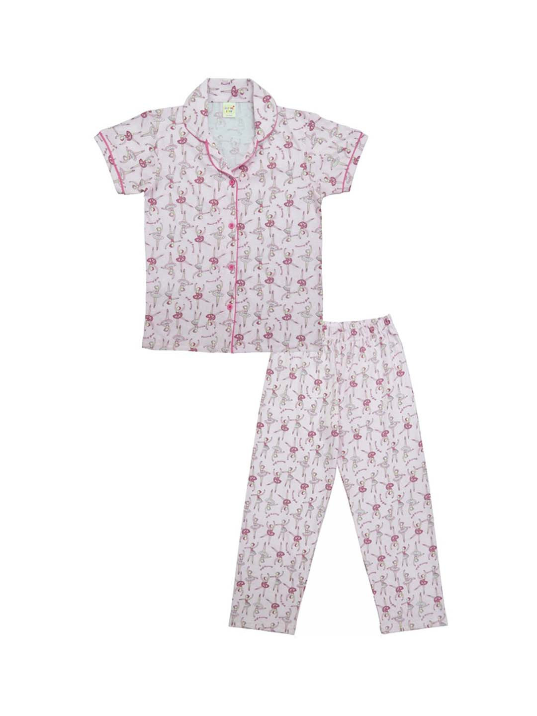 Clothe Funn Girls Conversational Printed Lapel Collar Pure Cotton Shirt & Pyjamas