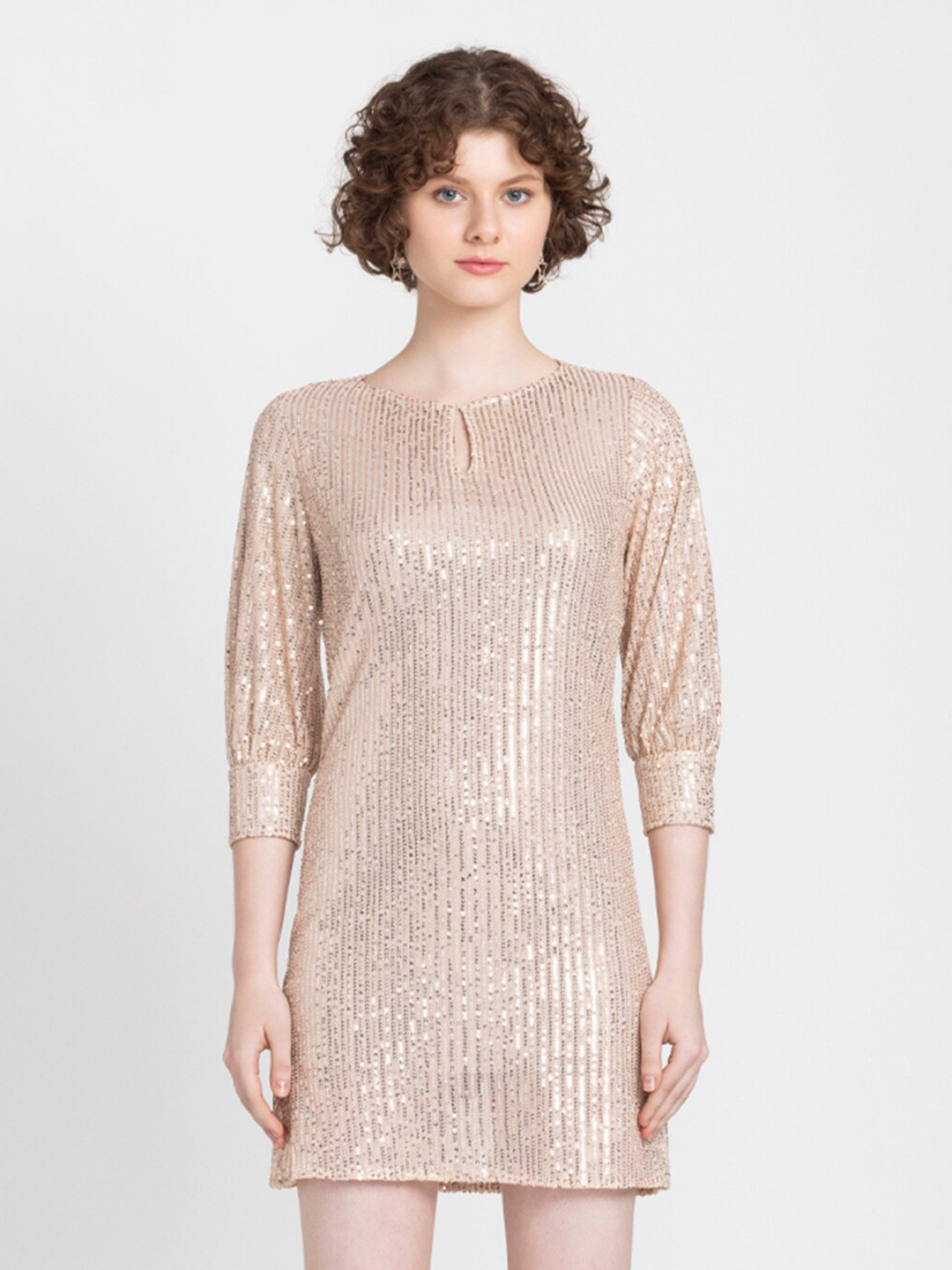 SHAYE Embellished Keyhole Neck Cuffed Sleeve Sequined Bling & Sparkly A-Line Dress