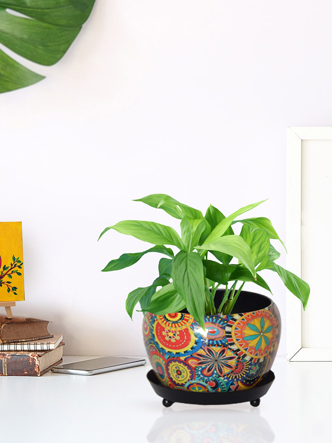 ecofynd Orange & Blue Printed Metal Planter With Saucer Plate