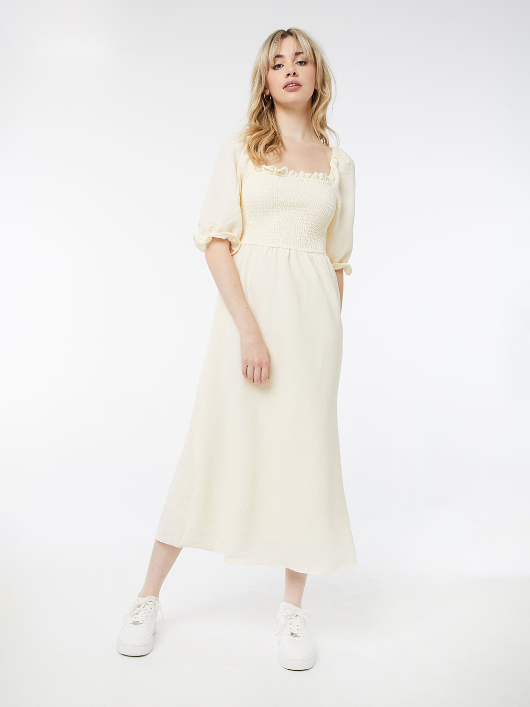 Ardene Self Design Puff Sleeves Smocked A-Line Midi Dress