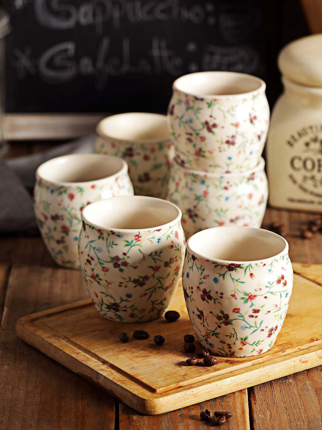 MIAH Decor Studio Pottery Off White Floral Ceramic Handcrafted 6 Piece Kulladhs-190ml