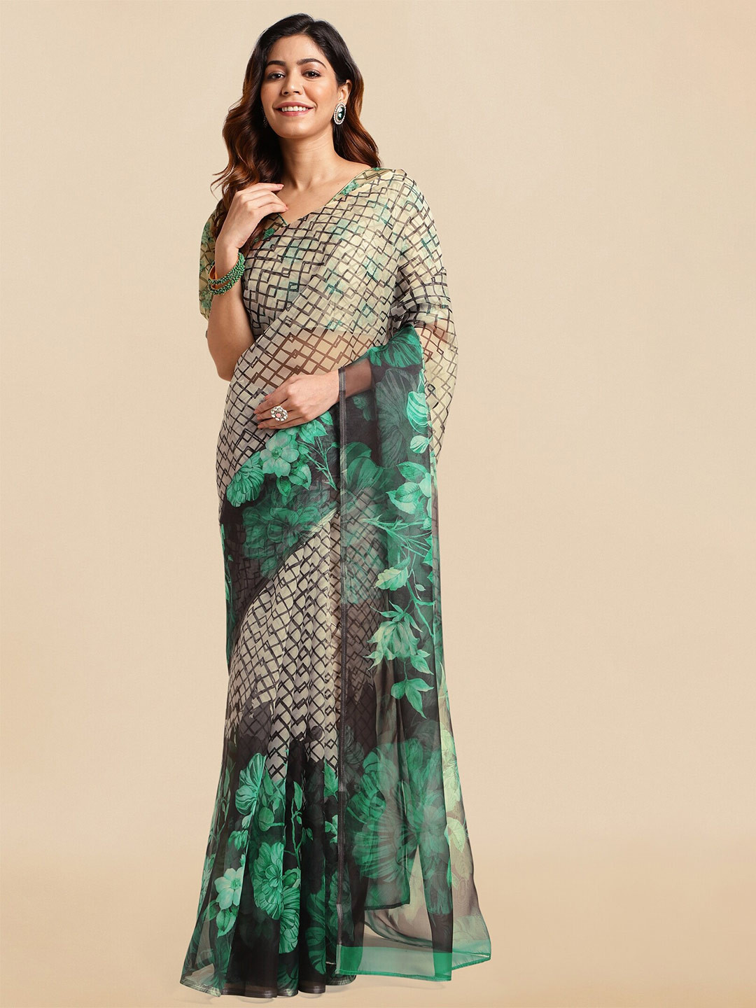 MIRCHI FASHION Off White & Teal Floral Printed Saree