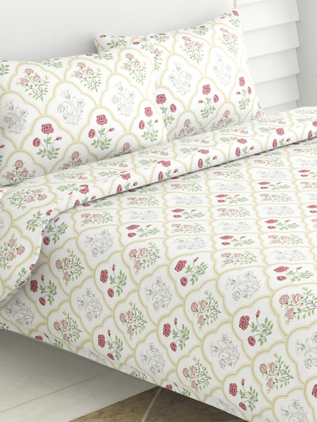 haus & kinder Rose Serenity White Ethnic Motifs Cotton 186 TC King Fine Bedsheet with 2 Pillow Covers-108 x 108 inches