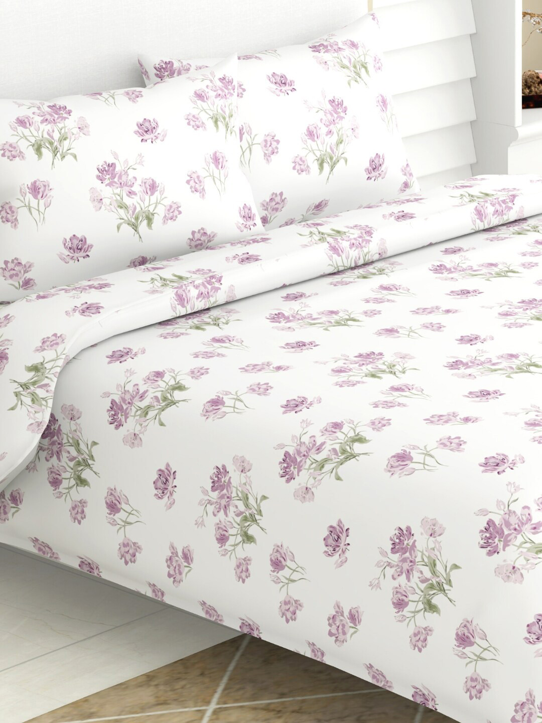 haus & kinder Purple Floral Cotton 186 TC Queen Fine Bedsheet with 2 Pillow Covers-250 x 225 cm