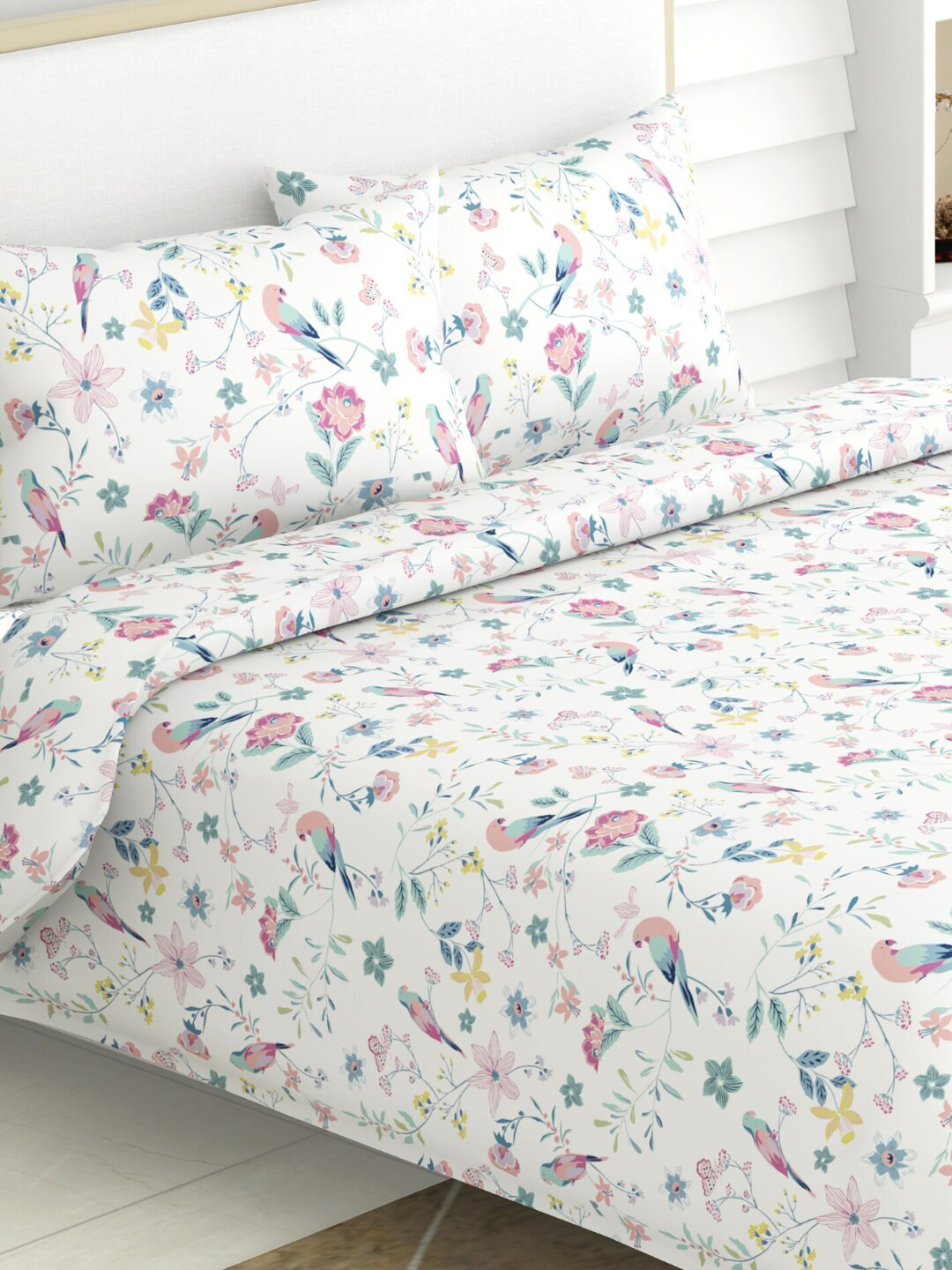 haus & kinder Exotic Wings Pink Floral Pure Cotton 186 TC King Fine Bedsheet with 2 Pillow Covers-108 x 108 inches