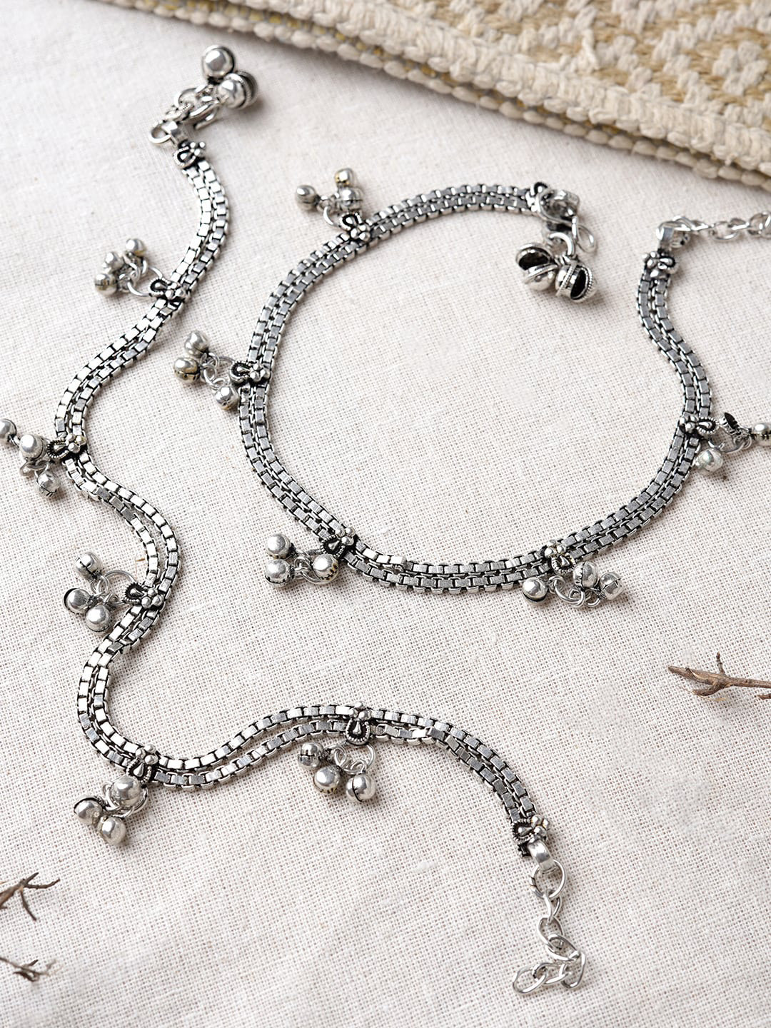 TEEJH Silver-Plated Oxidised Ghungroo Anklets