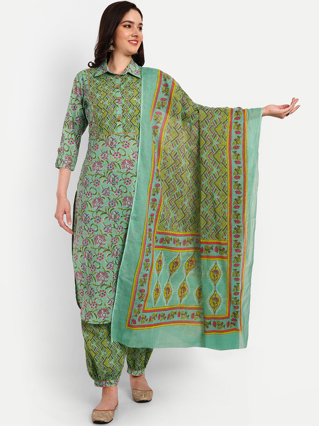 Krati Creations Floral Printed Beads & Stones Pure Cotton Kurta With Salwar & Dupatta