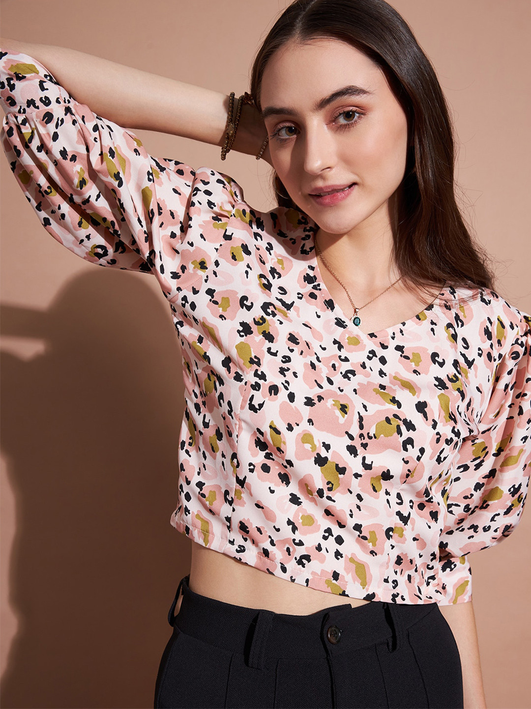 DressBerry Beige Animal Printed Puff Sleeve Crepe Styled Back Crop Top