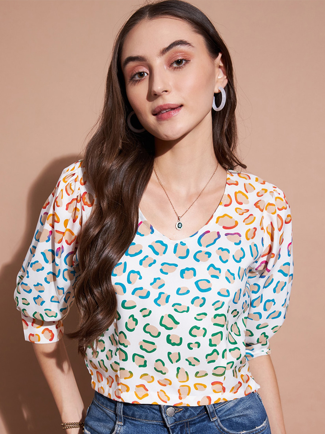 DressBerry White & Orange Abstract Print Puff Sleeve Regular Top