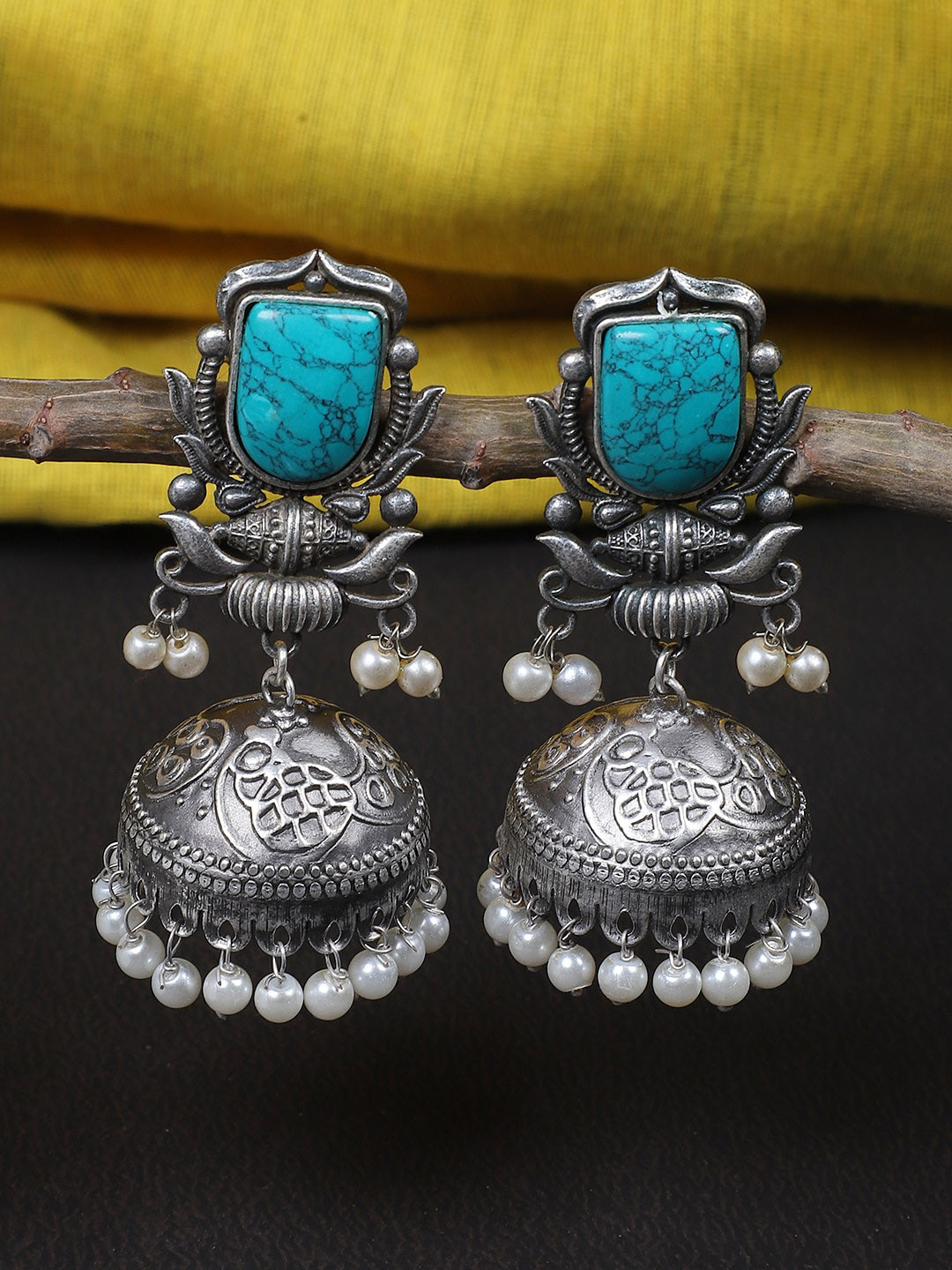 FIROZA Silver-Plated Oxidised Dome Shaped Jhumkas