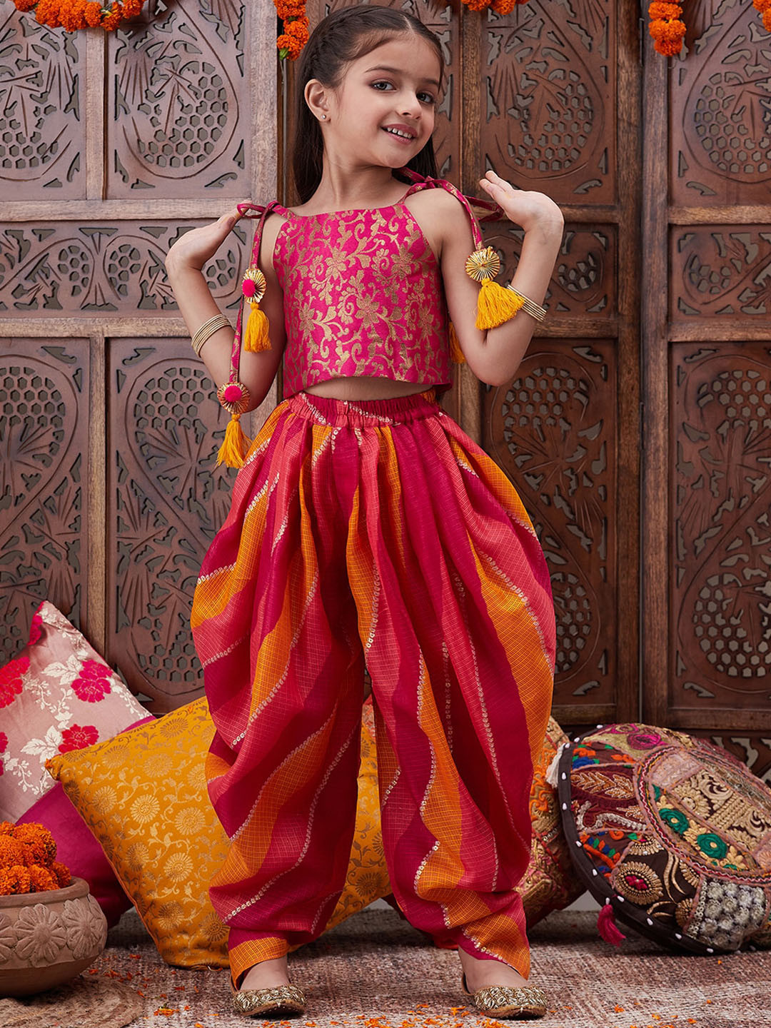 Pspeaches Girls Magenta Straight Fit Kota Fabric Dhoti With Brocade Top Set