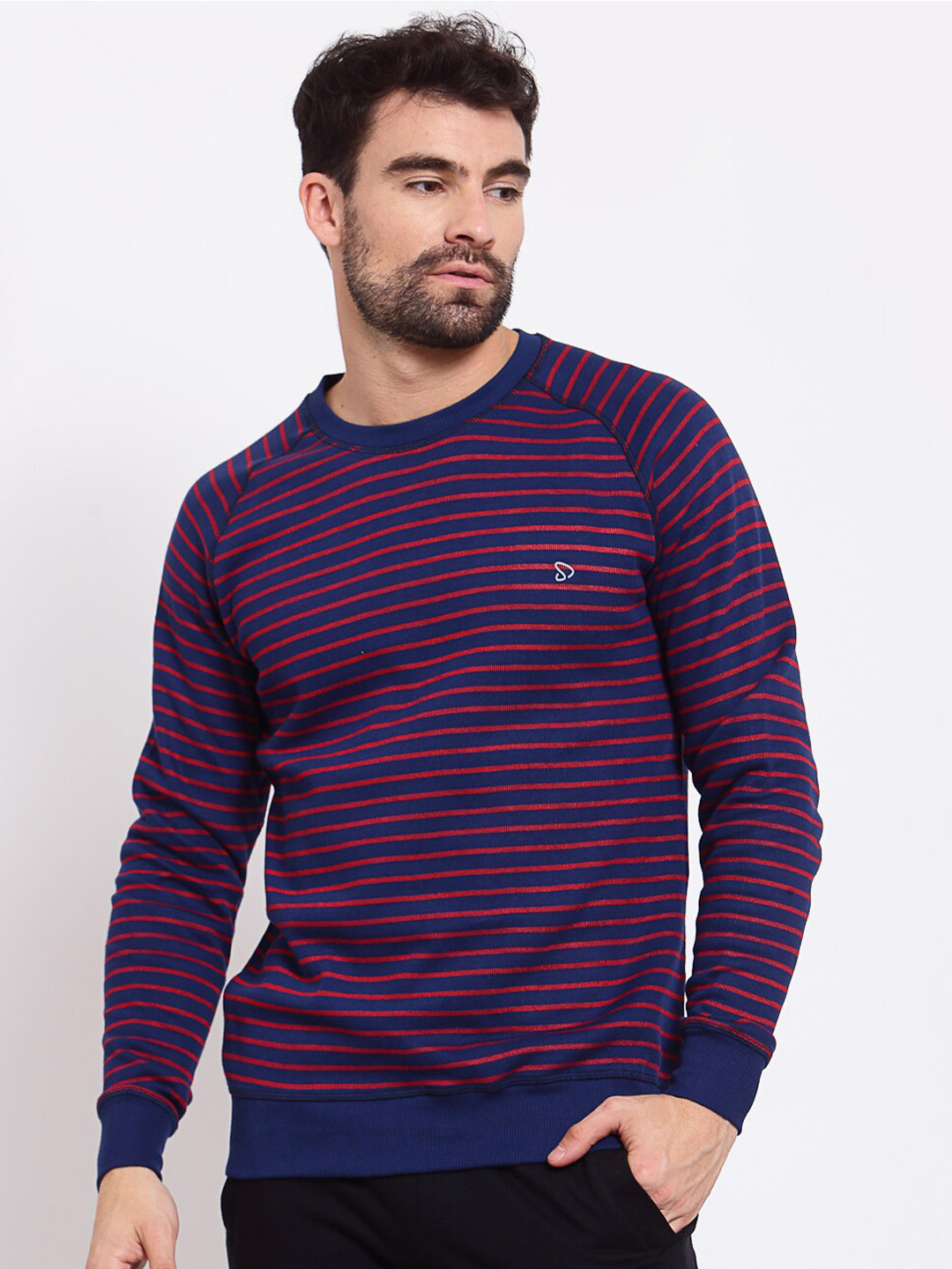 SPORTO Red & Navy blue Striped Raglan Sleeves Cotton Pullover Sweatshirt