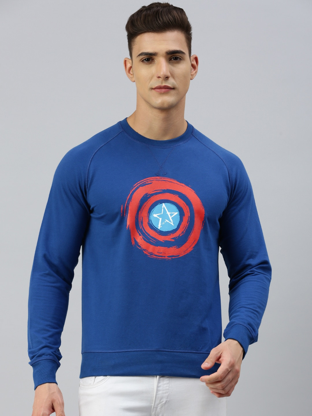 SPORTO Blue Captain Marvel Printed Raglan Sleeves Cotton Pullover Sweatshirt
