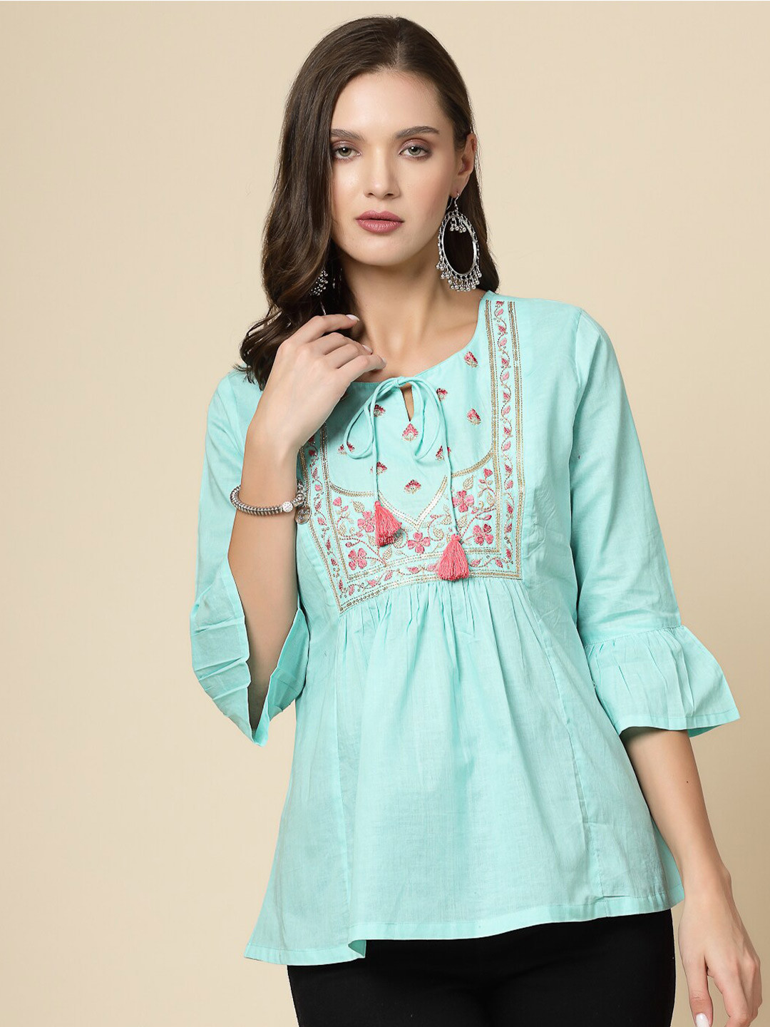Routes by All About You Ethnic Embroidered Tie-Up Neck Bell Sleeves Gathered Cotton Casual Top