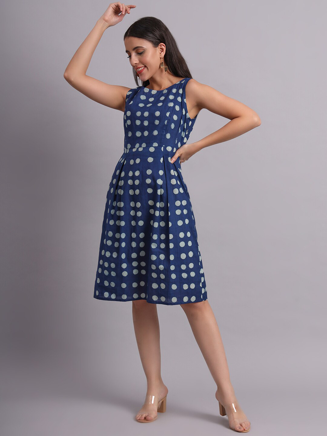 DECKEDUP Blue Polka Dot Print Sheath Dress
