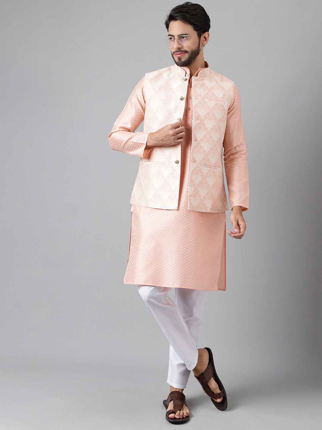 Sangria Mandarin Collar Jacquard Kurta With Pyjama & Nehru Jacket