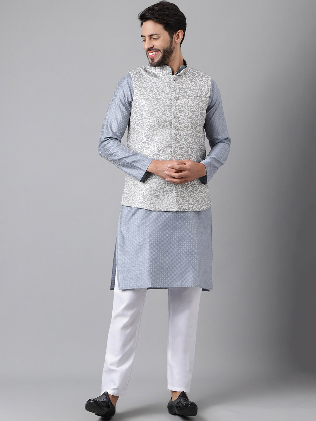 Sangria Ethnic Motifs Woven Design Straight Kurta With Pyjama & Nehru Jacket