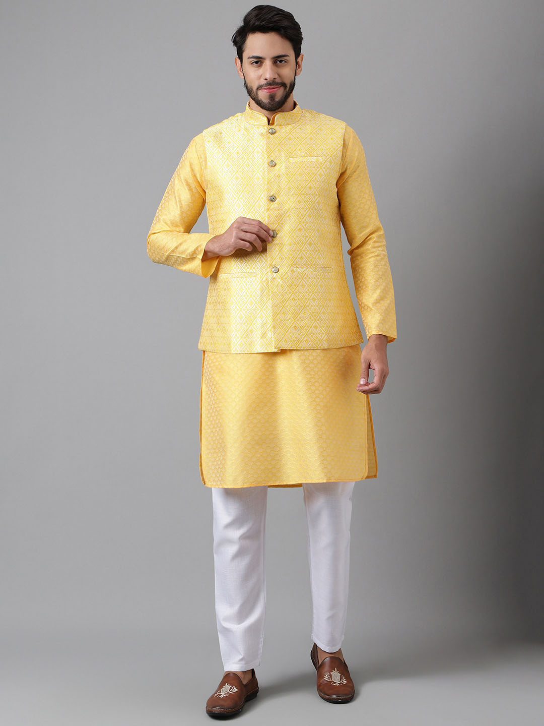 Sangria Yellow Geometric Woven Design Straight Kurta With Pyjamas & Nehru Jacket