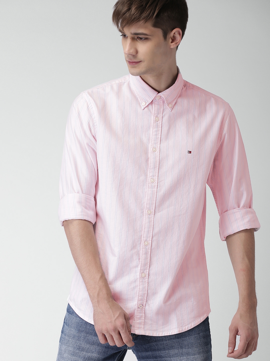 tommy hilfiger pink and white striped shirt