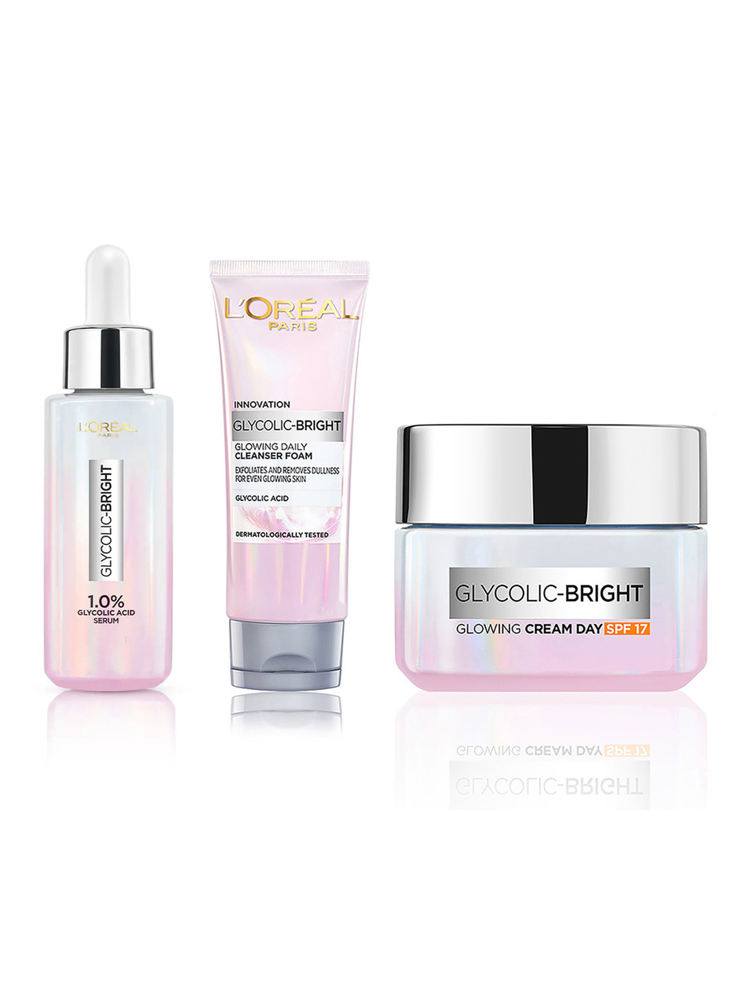 LOreal Paris Glycolic Bright Skin Care Combo - Cleanser Foam + Serum + Face Cream