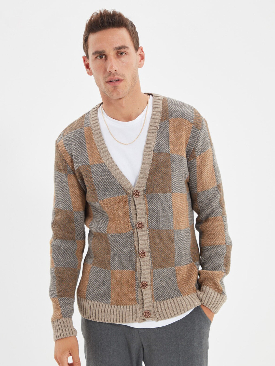 Trendyol Men Grey & Beige Checked Cardigan