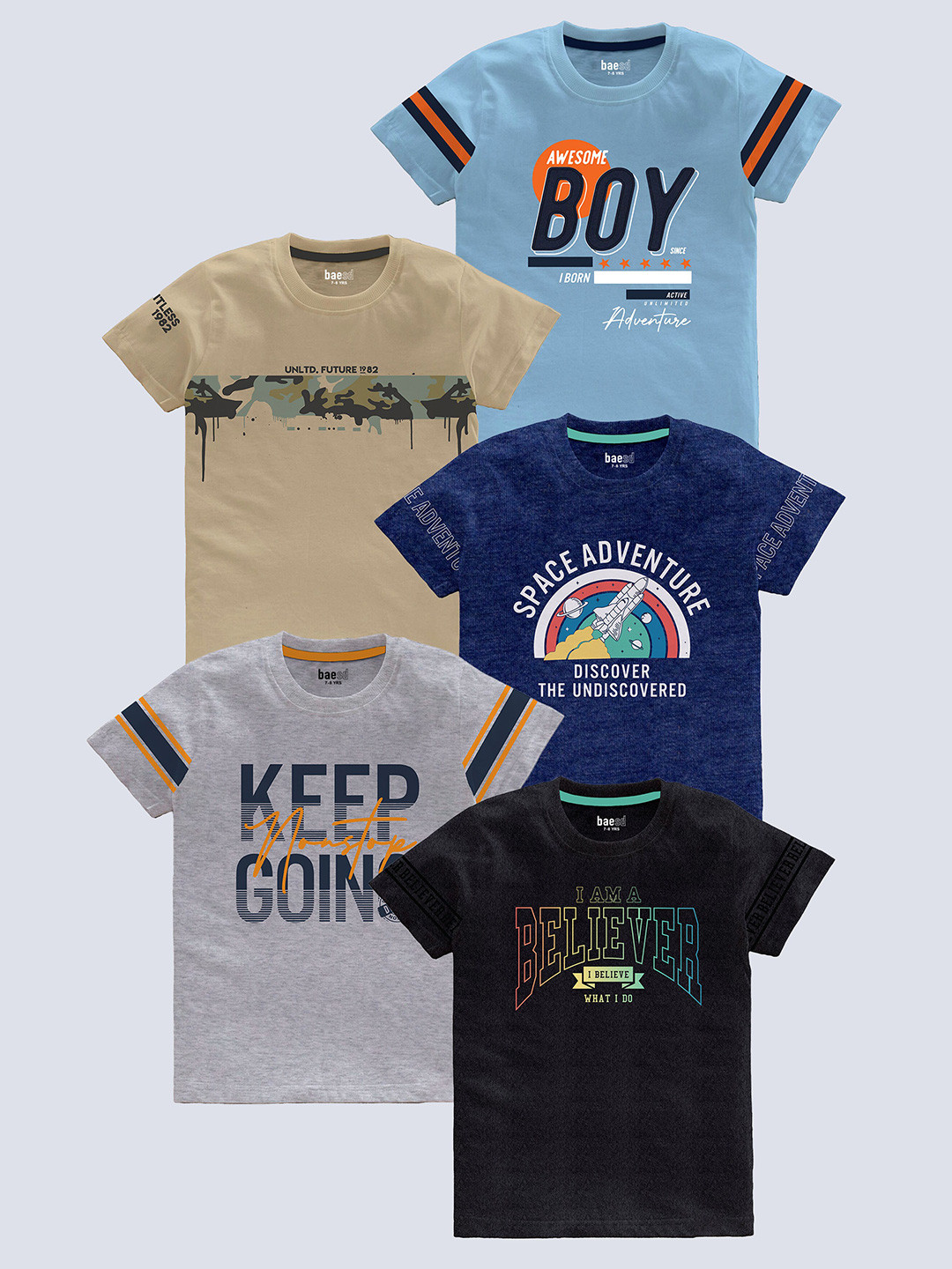 BAESD Boys Pack of 5 Typography Printed Round Neck Pure Cotton T-shirts