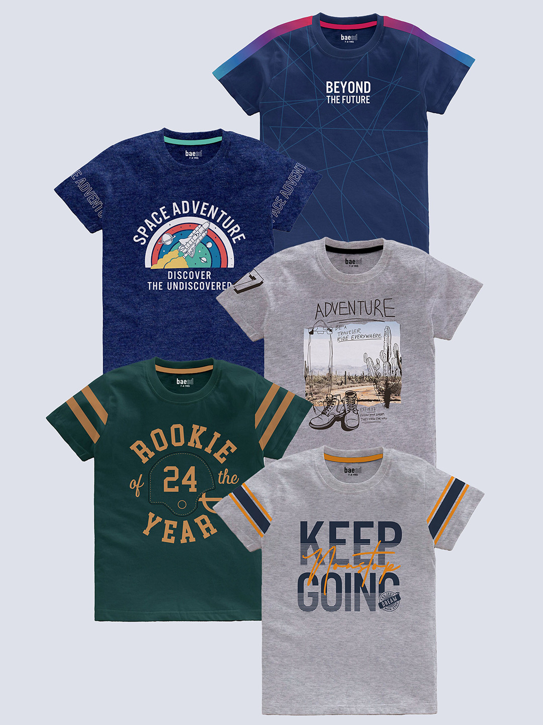 BAESD Boys Pack of 5 Typography Printed Round Neck Pure Cotton T-shirts
