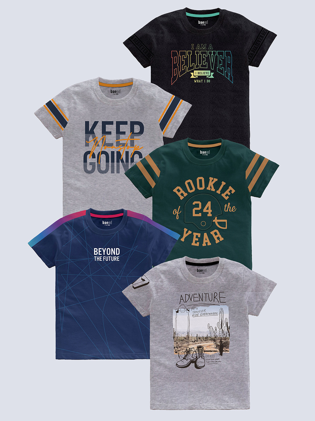 BAESD Boys Pack of 5 Typography Printed Round Neck Pure Cotton T-shirts