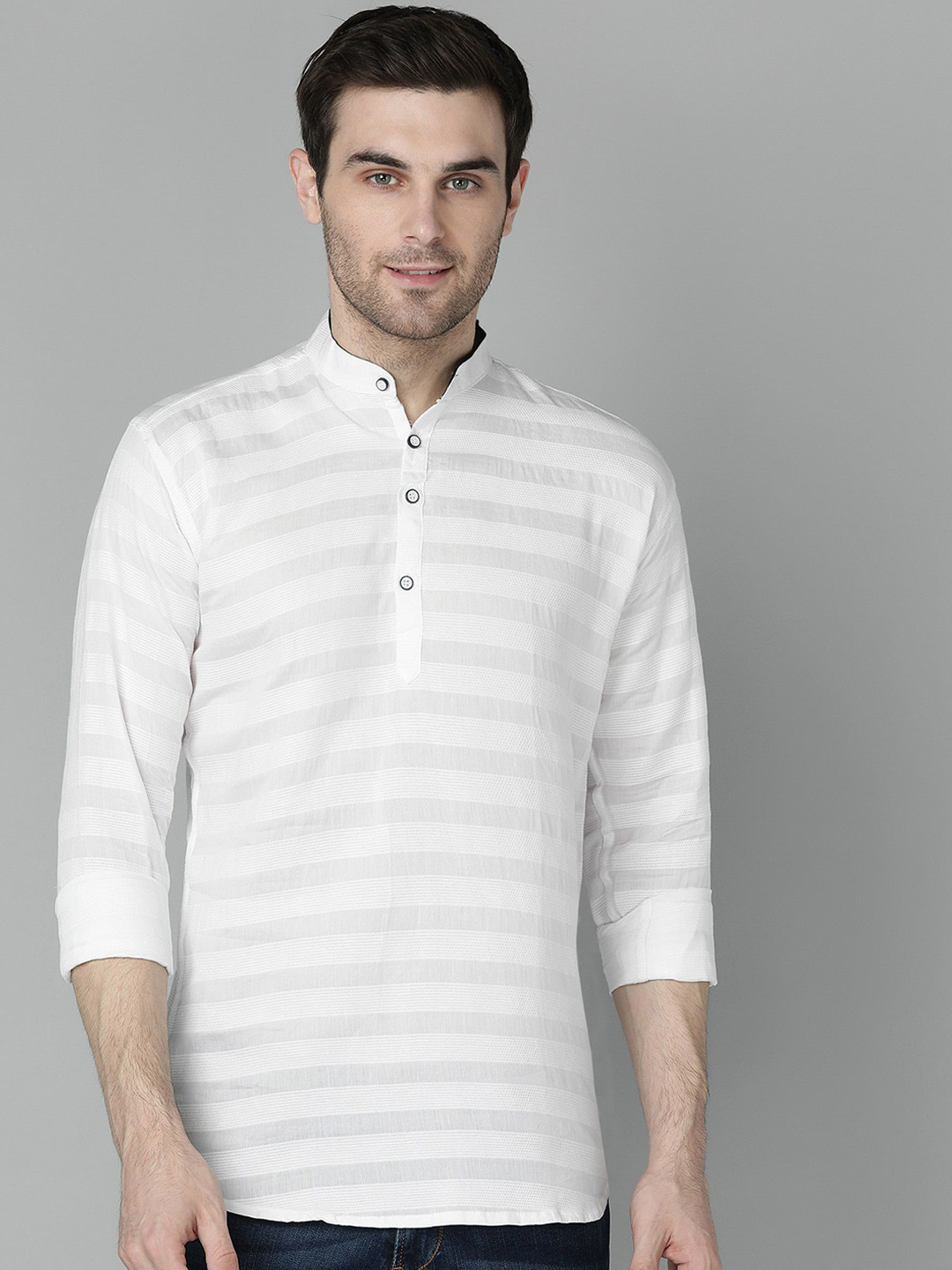 FUBAR Vertical Striped Band Collar Short Kurta