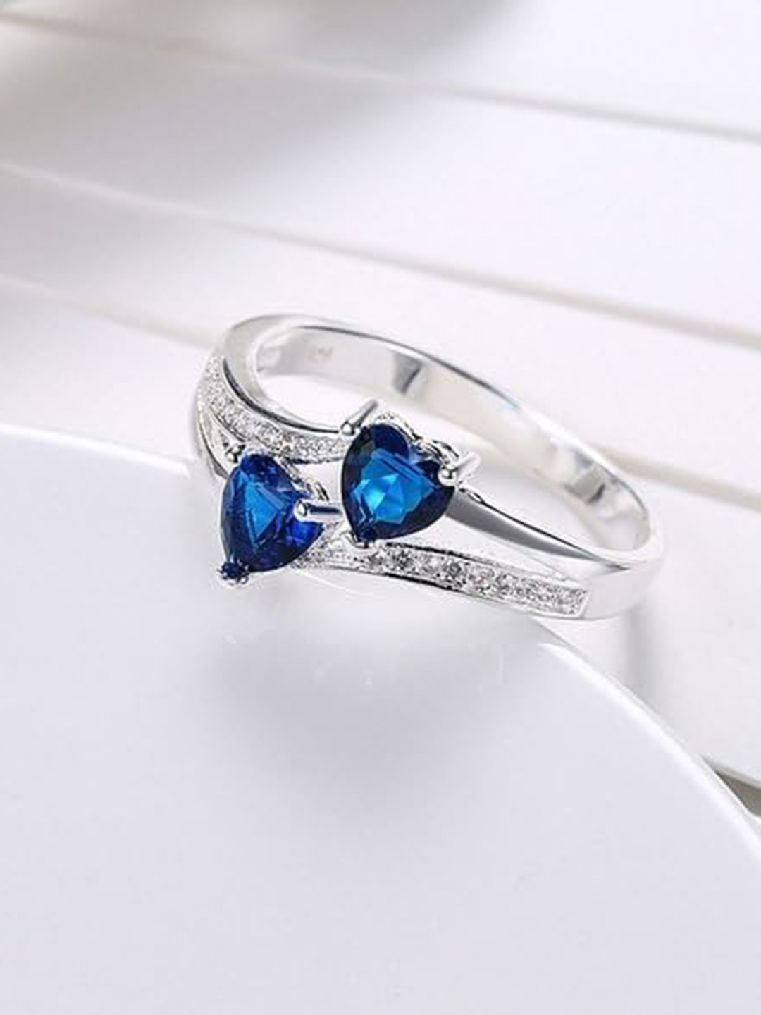 KRYSTALZ Silver-Plated Dual Heart Engagement Finger Ring