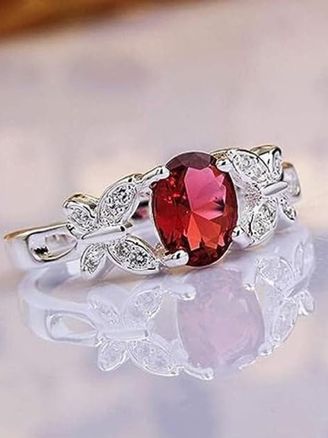 KRYSTALZ Silver-Plated Ruby Butterflies Charms Finger Ring