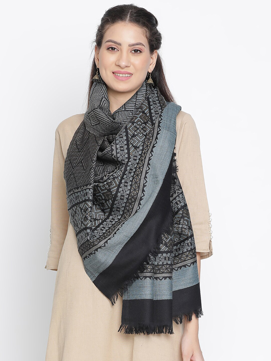 SHINGORA Ethnic Motifs Woven Design Jacquard Wool Stole