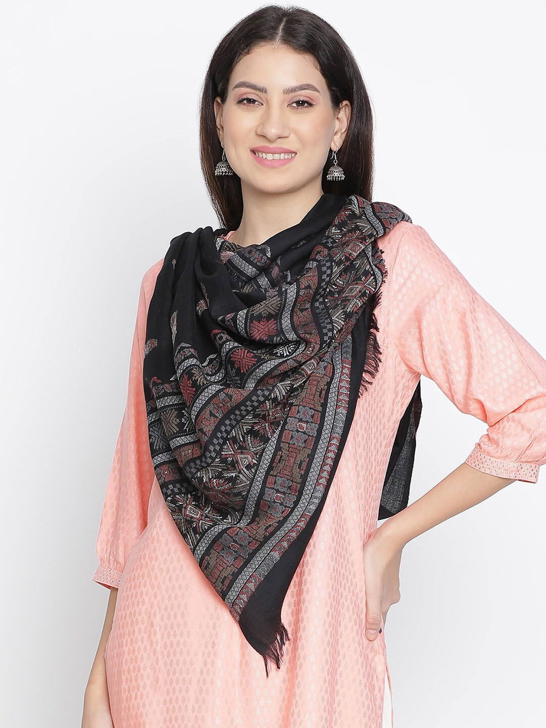 SHINGORA Bold Geometric Woven Design Jacquard Stole