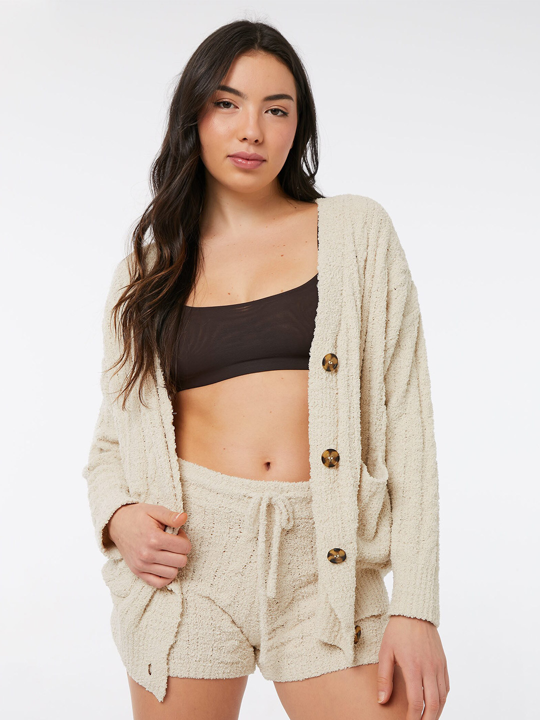 Ardene Beige Ribbed Crop Cardigan