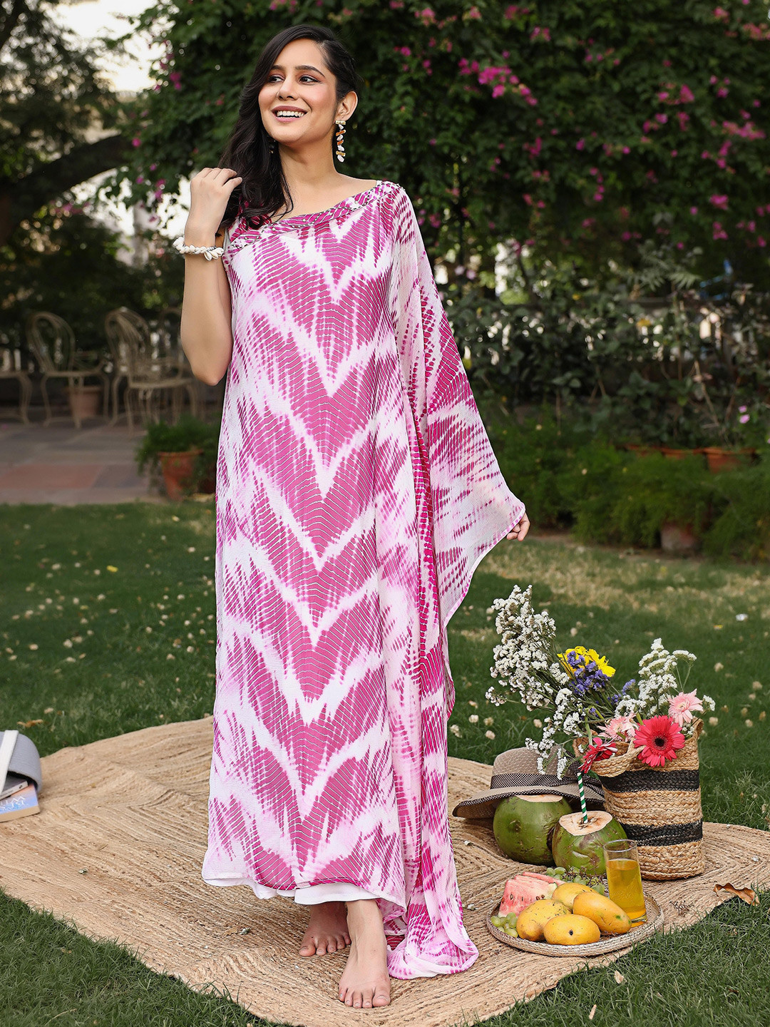 Thread & Button Abstract Printed Silk Maxi Dress