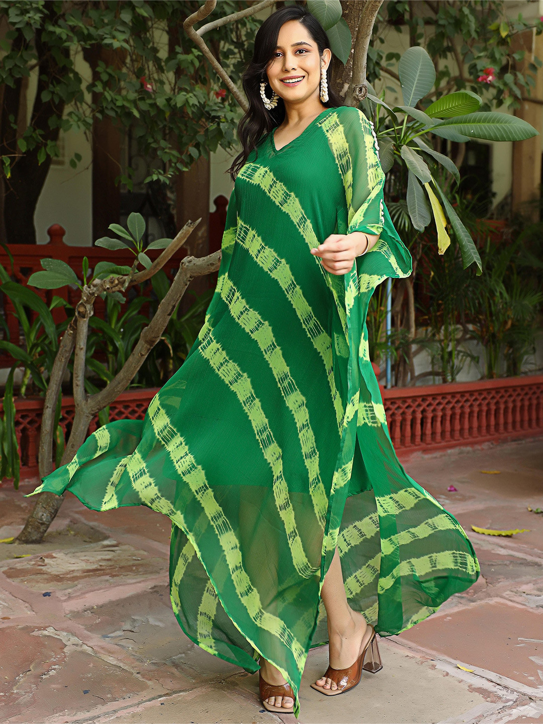 Thread & Button Abstract Printed V-Neck Silk Maxi Dress