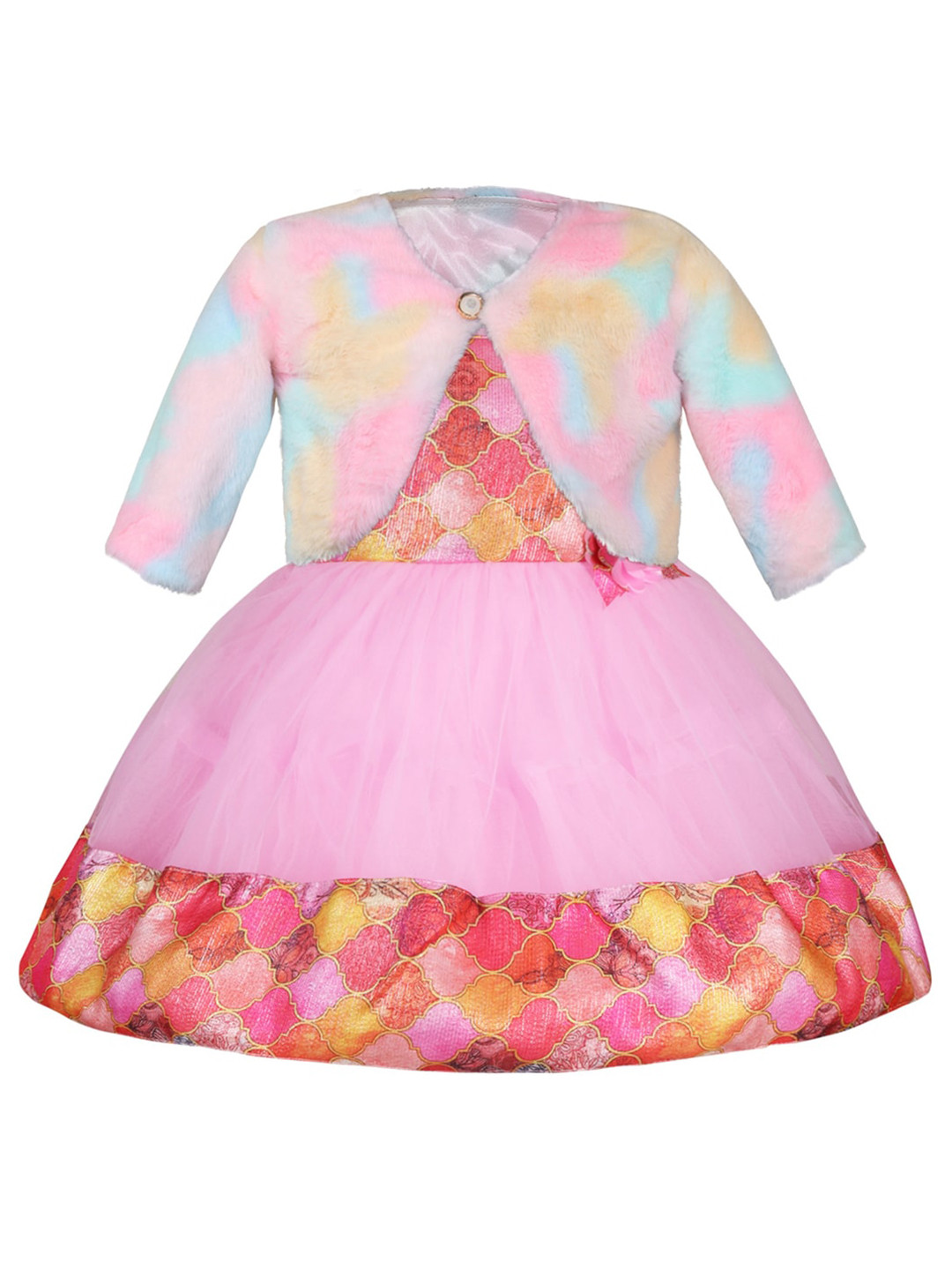 Wish Karo Girls Ethnic Motifs Printed Round Neck Bow Net Fit & Flare Dress With Shrug